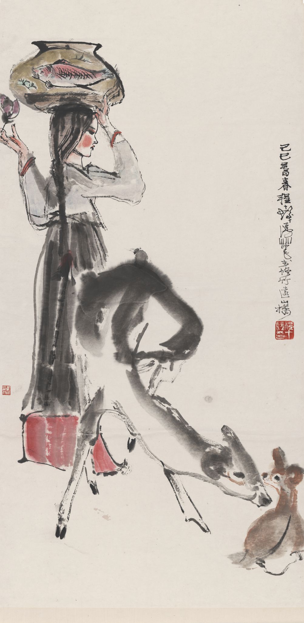 少女双鹿图轴预览图
