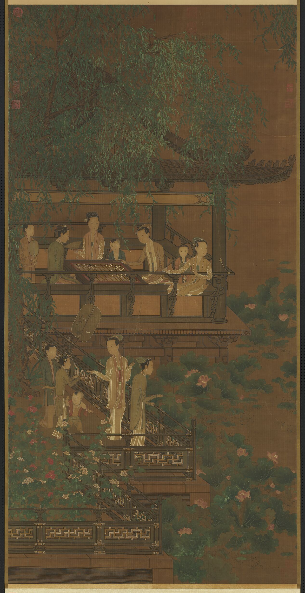 荷亭弈钓仕女图预览图