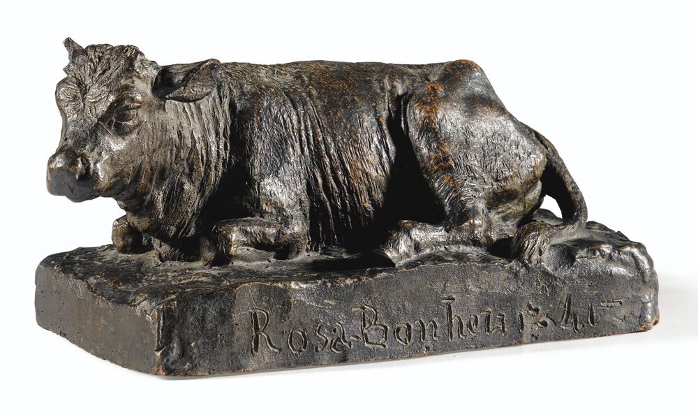 A FRENCH, CIRCA 1841, PATINATED TERRACOTTA FIGURE OF A RECLINING CALF, BY ROSA BONHEUR, SIGNED AND DATED缩略图