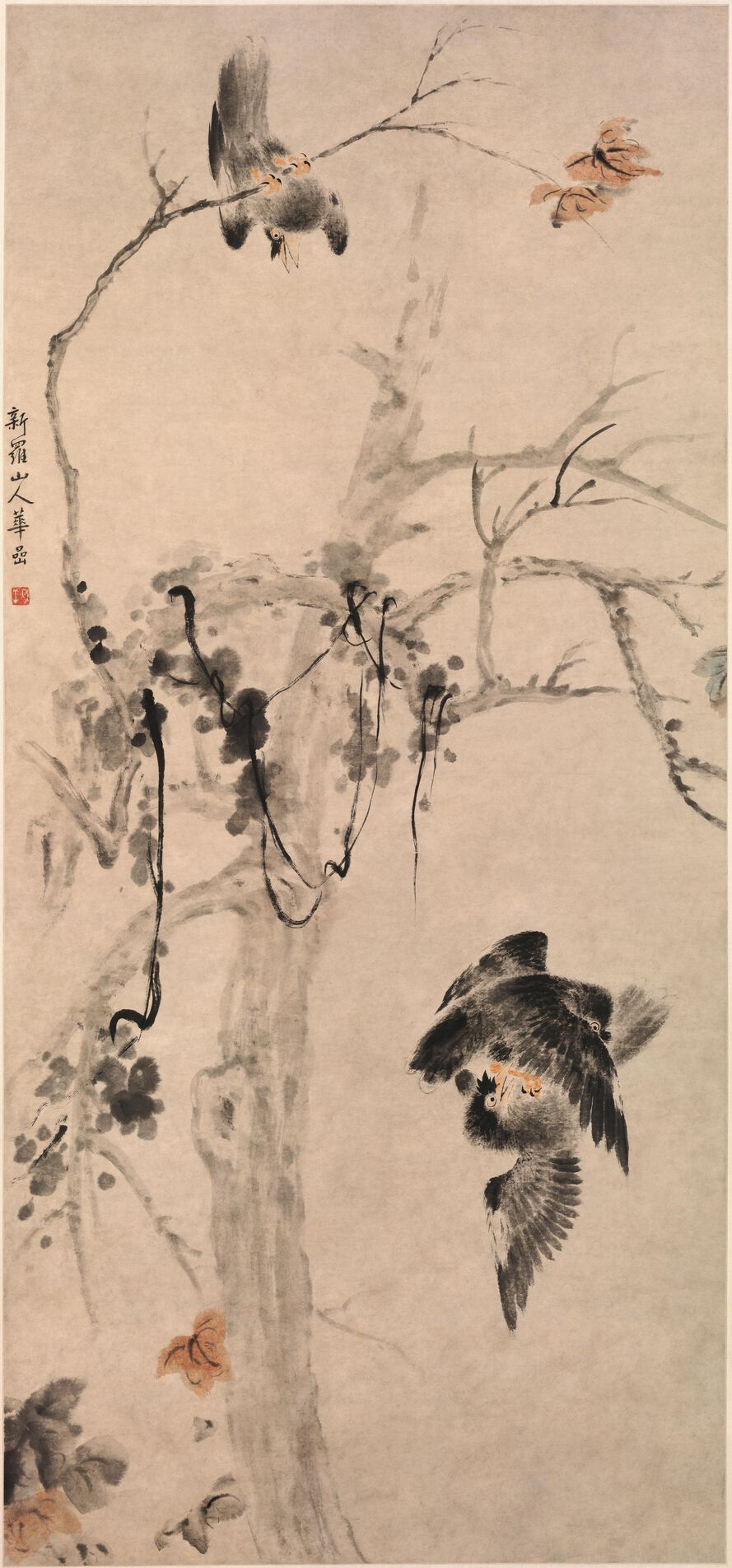 秋树斗禽图预览图