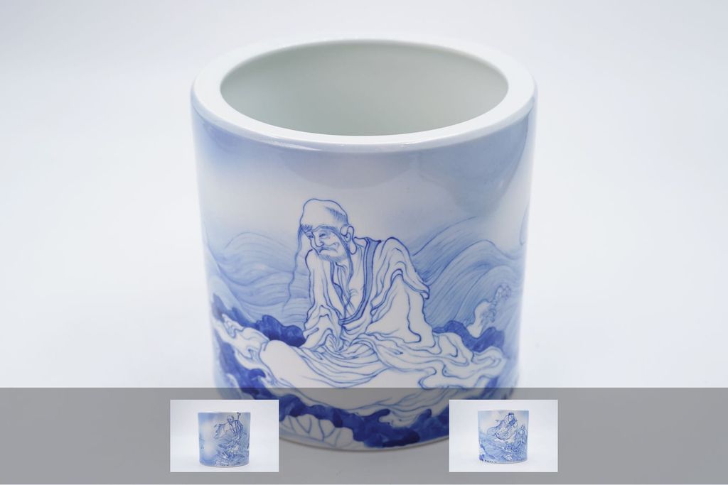 罗汉渡海青花笔筒缩略图